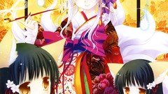 White hair kimono twins anime girls black hair animal ears 