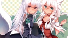 White hair long hair anime girls green eyes brown eyes nekomimi 