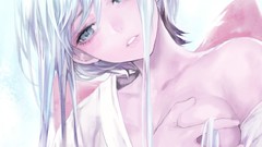 White hair long hair anime girls miko Japanese clothes no bra 