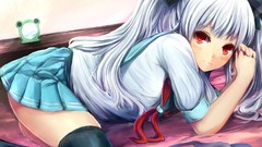 White hair red eyes anime girls seifuku twintails original 