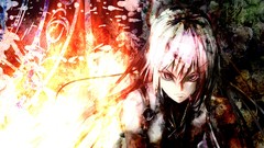 White hair red eyes faces bows angry shirts long hair anime 