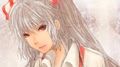 White hair red eyes faces bows shirts suspenders long hair 