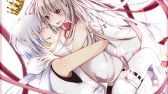 White hair red eyes Ribbons scarfs blush long hair anime girls 