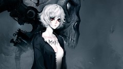 White hair red eyes runes anime girls short hair artwork no bra 