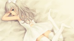 White hair stockings gray eyes hair band laying down sundress