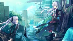 White hair Swords anime girls fantasy art aqua eyes