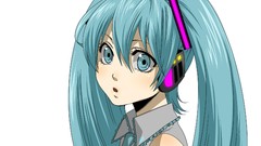 White headphones white background faces blue hair long hair 