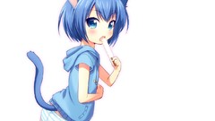 White ice cream blue hair anime girls blue eyes short hair 