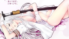White Katana gloves long hair anime girls wink underwear 