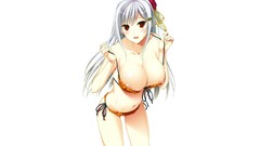 White navel red eyes Ribbons long hair gray hair cleavage boobs 