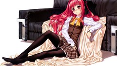 White red eyes couch long hair school uniforms pantyhose 