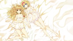 White sheet couple navel bows blondes long hair barefoot 