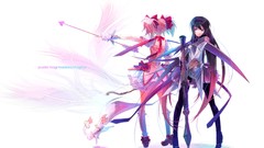 White weapons Anime bows skirts pink hair anime girls mahou 