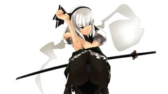 White weapons Katana dress white background ghosts white hair 