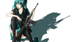 White weapons tie white background stockings shadows blue hair 