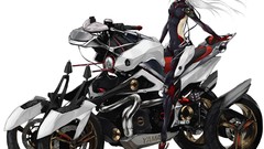 White white hair red eyes anime girls motorbikes bodysuits