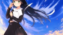 Wind anime girls green eyes uniforms black hair low-angle shot