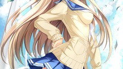 Wind ass blondes skirts long hair anime girls blue eyes school 