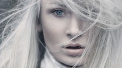 Wind cold woman blondes blue eyes open mouth