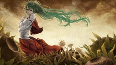 Wind dress red eyes long hair anime girls green hair touhou 