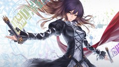 Wind red magic dress Ribbons belts anime girls brunettes bangs 