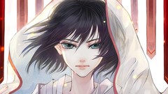 Wind white background faces veil anime girls blue eyes short 