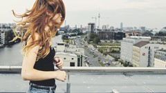 Wind woman Bridges long hair brunettes cityscapes jeans panties