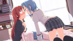 Window beds red eyes blush blue hair long hair blue eyes school 