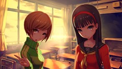 Windows chairs Anime Class schoolgirls school curtains desks 