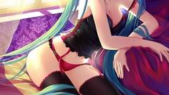 Windows navel sitting curtains stockings long hair anime girls 