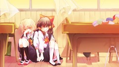 Windows sitting schoolgirls school bows desks blondes skirts 