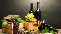 wine drink food alcohol grapes fruit still life bottles Wood