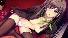 Wine piano navel sitting wine glass bottles long hair anime 