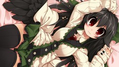 Wings Anime beds red eyes bows skirts blush long hair anime 