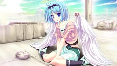 Wings Anime blue hair anime girls short hair wingsuit