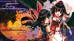 Wings Anime hats staff red eyes yin-yang bows long hair anime 