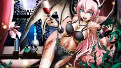 Wings Anime horns drinks tattoos pink hair long hair anime 