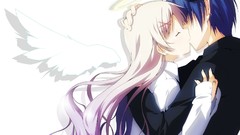 Wings Anime horns white hair angels blue hair long hair