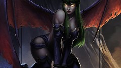 Wings bat devil rocks cliff long hair green hair Succubus devil 