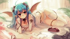 Wings beds blue hair pink eyes anime girls bare shoulders 