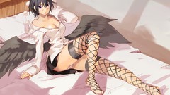 Wings beds legs stockings anime girls short hair touhou 