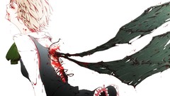 Wings blood dress white hair red eyes short hair black dress 