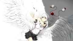 Wings blood feathers Anime hats white hair red eyes Ribbons 