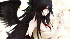 Wings blood feathers broken tears red eyes bows long hair anime 