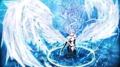 Wings blue hair long hair anime girls yellow eyes cleavage 