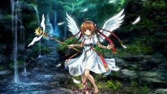 Wings brown dress staff angels anime girls green eyes short 