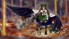 Wings brown red eyes long hair short hair braids touhou animal 