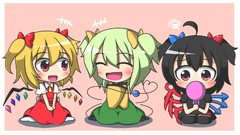 Wings Chibi red eyes blondes blush anime girls green eyes 