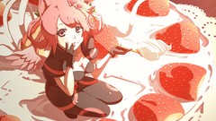 Wings cream gloves strawberries cakes pink hair long hair pink 