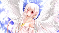 Wings cross red eyes angels pink hair long hair anime girls